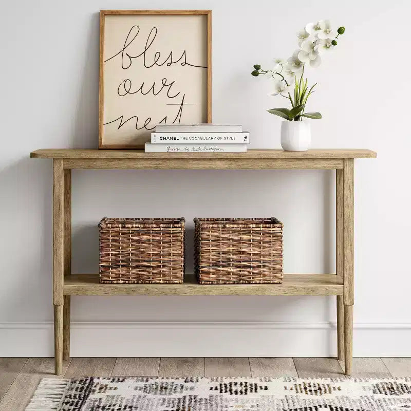 Gretna Narrow Rustic Console Table – Solid Pine, Fixed Shelf, Weathered Natural Finish