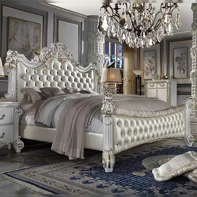 Lit King size (244 cm) perle antique - Tête de lit capitonnée de luxe, similicuir, style glamour