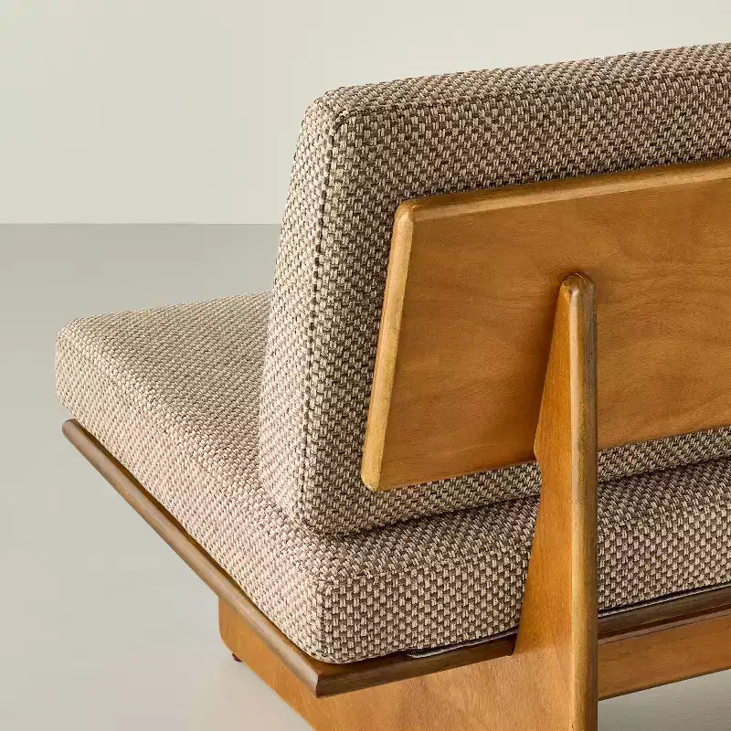 Banc de mi-siècle rembourré en tissu texturé couleur champignon avec dossier