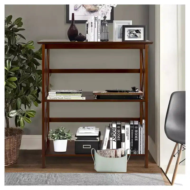 33.5" Montego 3-Tier Solid Wood Bookcase – Contemporary X-Design, 4 Legs