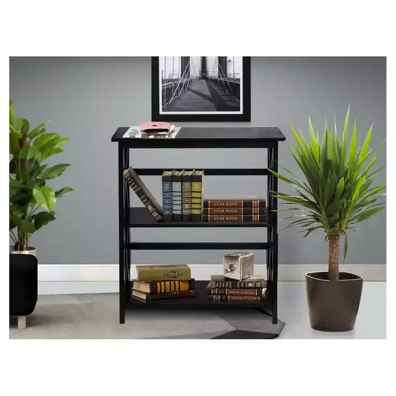 33.5" Montego 3-Tier Solid Wood Bookcase – Contemporary X-Design, 4 Legs