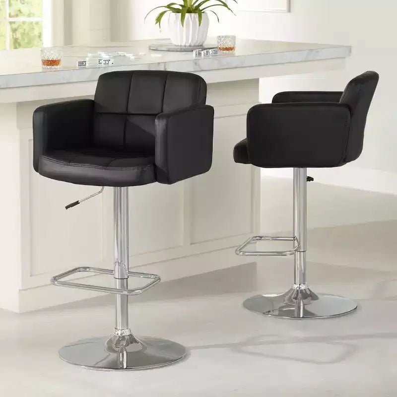 Set of 2 Chrome Swivel Adjustable Bar Stools – Black Faux Leather, 27–33" Height