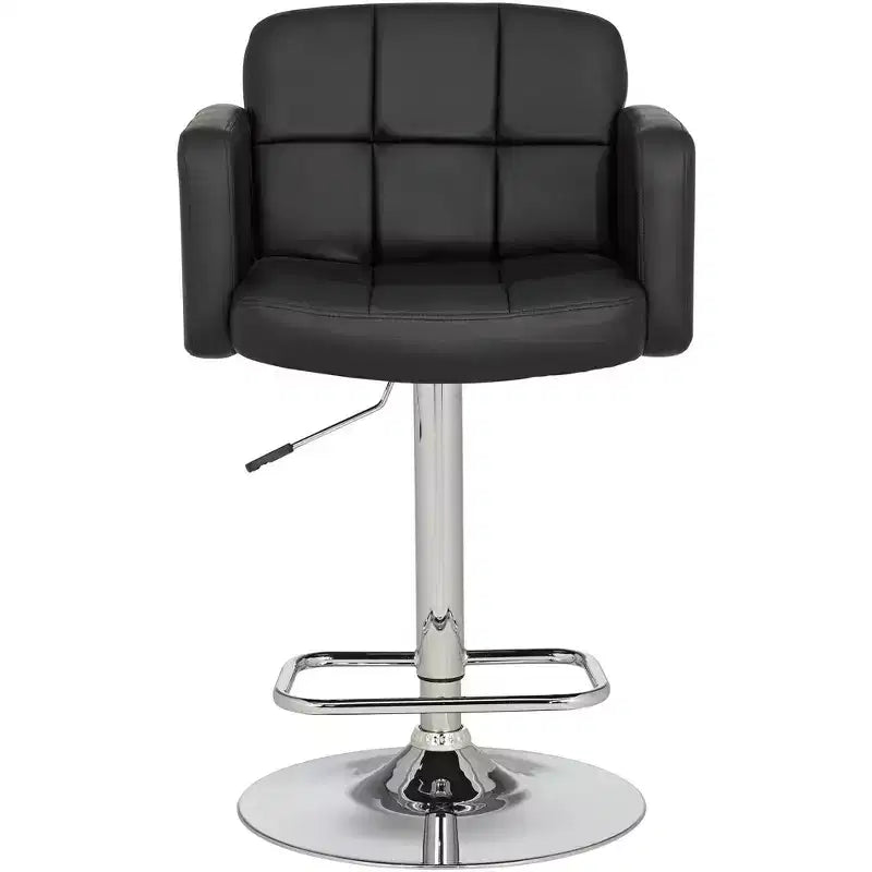 Set of 2 Chrome Swivel Adjustable Bar Stools – Black Faux Leather, 27–33" Height