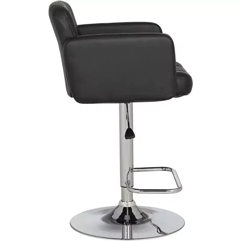 Set of 2 Chrome Swivel Adjustable Bar Stools – Black Faux Leather, 27–33" Height