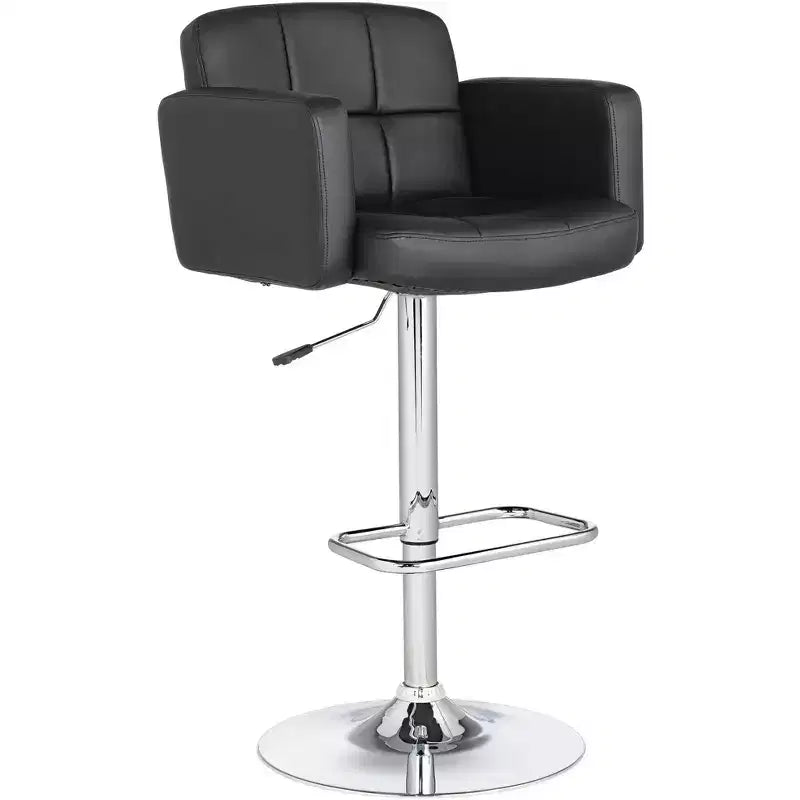 Set of 2 Chrome Swivel Adjustable Bar Stools – Black Faux Leather, 27–33" Height