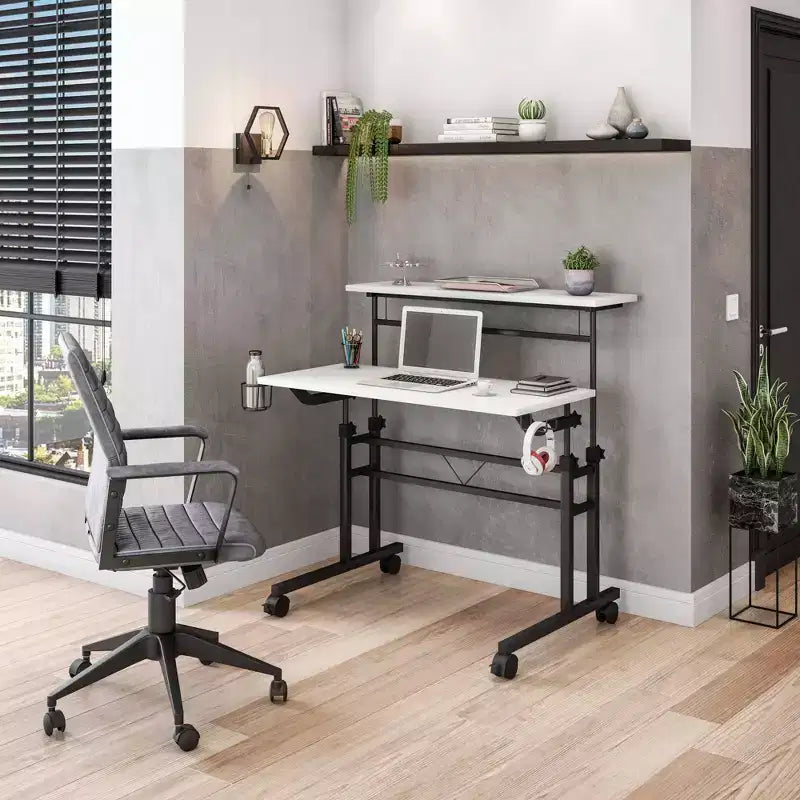 Rolling Writing Desk with Height-Adjustable Desktop & Moveable Shelf – Industrial Style
