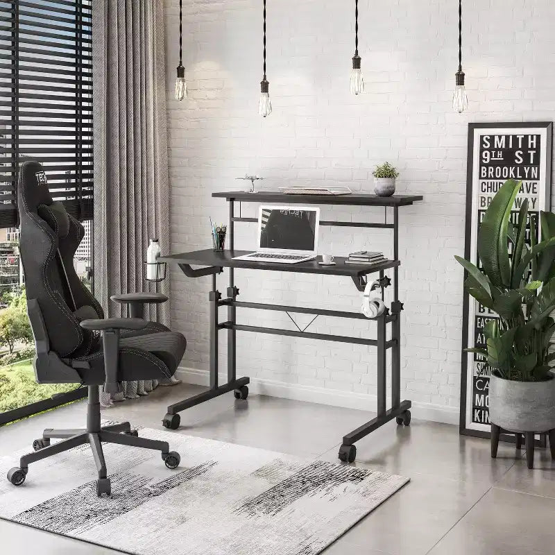 Rolling Writing Desk with Height-Adjustable Desktop & Moveable Shelf – Industrial Style