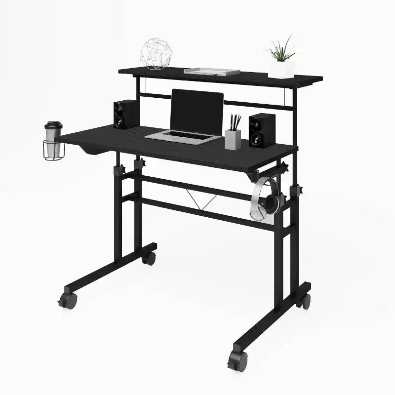 Rolling Writing Desk with Height-Adjustable Desktop & Moveable Shelf – Industrial Style