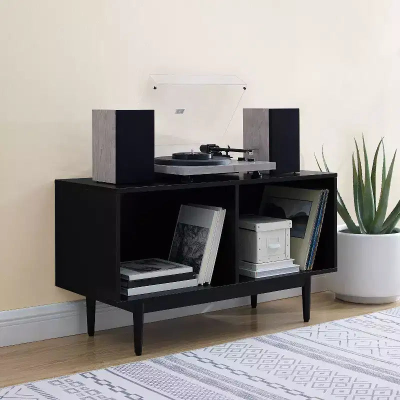 Medium Record Storage Console Cabinet – MDF & Veneer, Rubberwood Legs