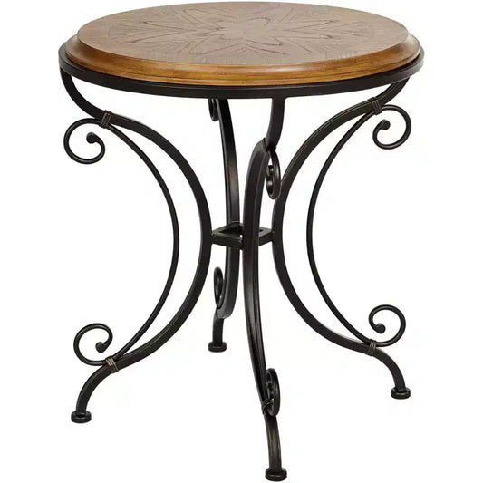 Kensington Hill Farmhouse Rustic Traditional Wood Black Iron Round Accent Table 22 1/4 x 22 Gold Brushed Scrollwork Legs for Spaces Living Room