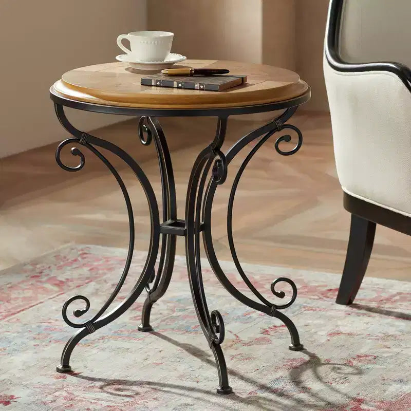 Farmhouse Rustic Round Accent Table 22"x22" – Elm Top, Gold Brushed Scrollwork Legs