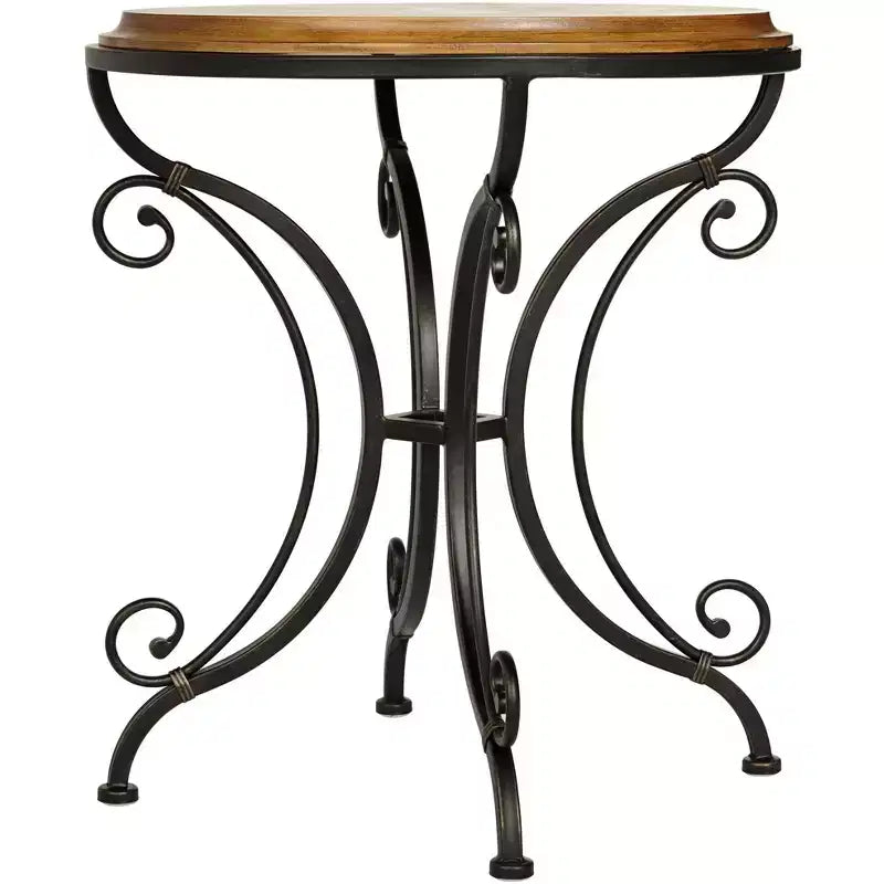 Farmhouse Rustic Round Accent Table 22"x22" – Elm Top, Gold Brushed Scrollwork Legs