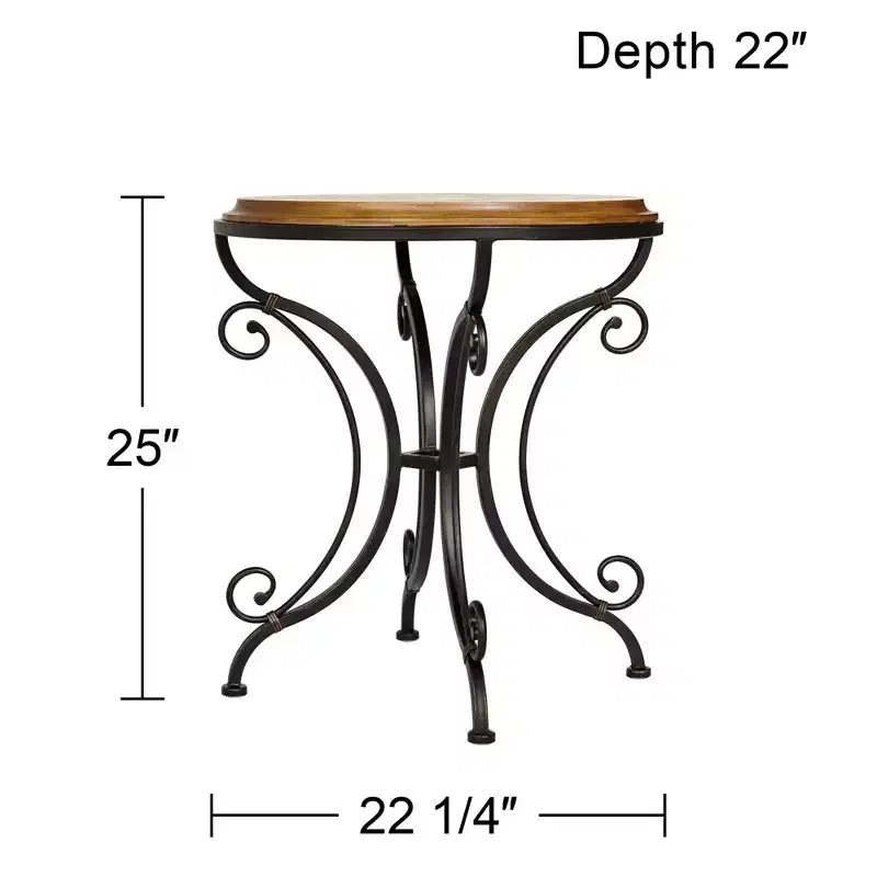 Farmhouse Rustic Round Accent Table 22"x22" – Elm Top, Gold Brushed Scrollwork Legs