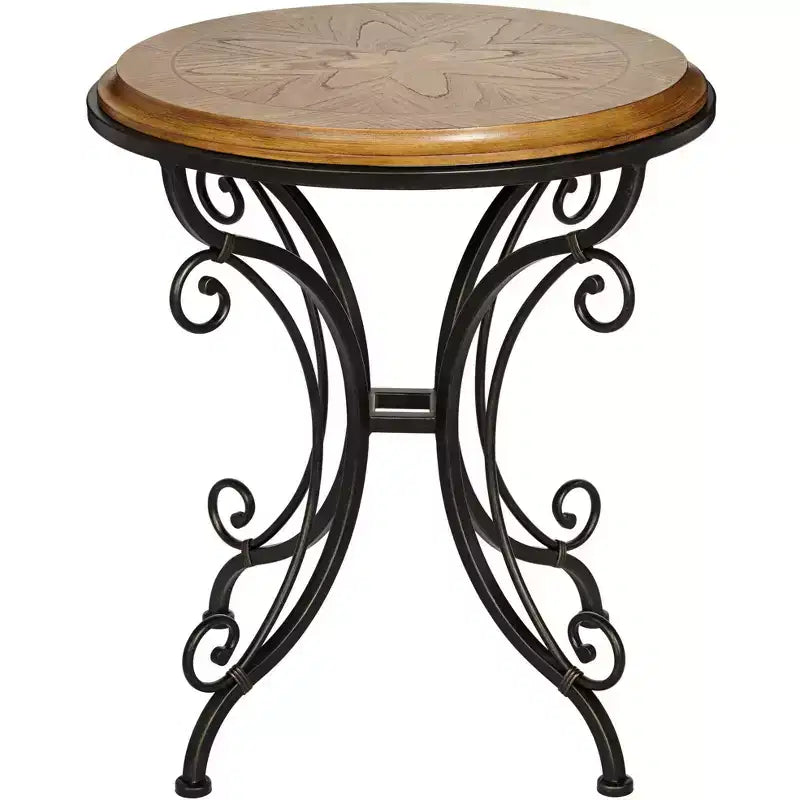 Farmhouse Rustic Round Accent Table 22"x22" – Elm Top, Gold Brushed Scrollwork Legs