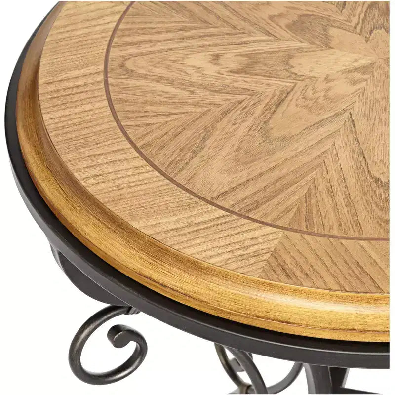 Farmhouse Rustic Round Accent Table 22"x22" – Elm Top, Gold Brushed Scrollwork Legs