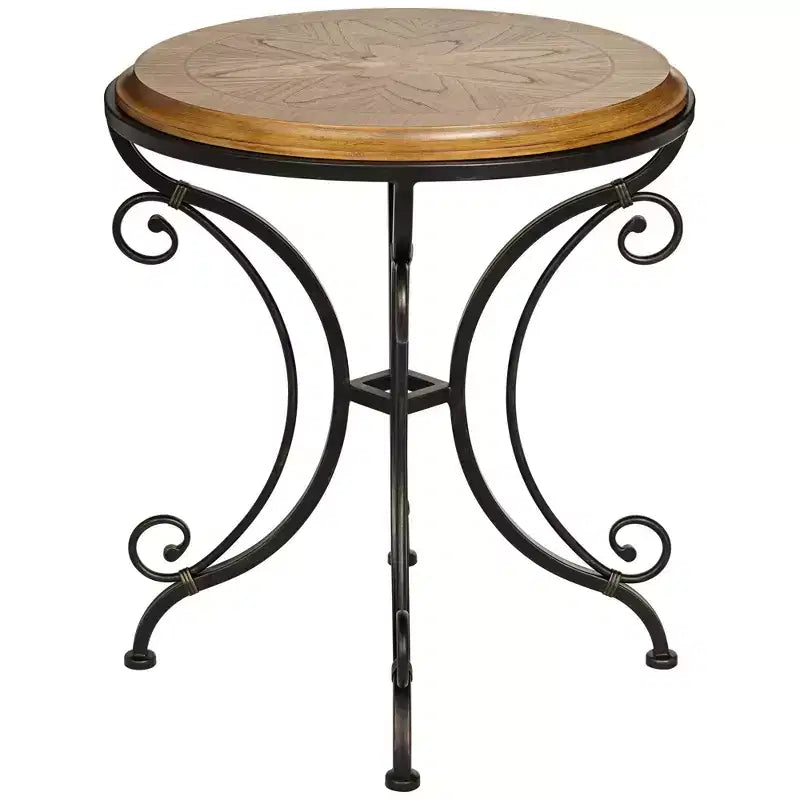 Farmhouse Rustic Round Accent Table 22"x22" – Elm Top, Gold Brushed Scrollwork Legs