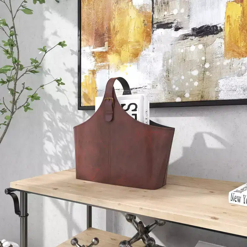 14"x16" Traditional Leather Magazine Holder with Belt Strap Handle