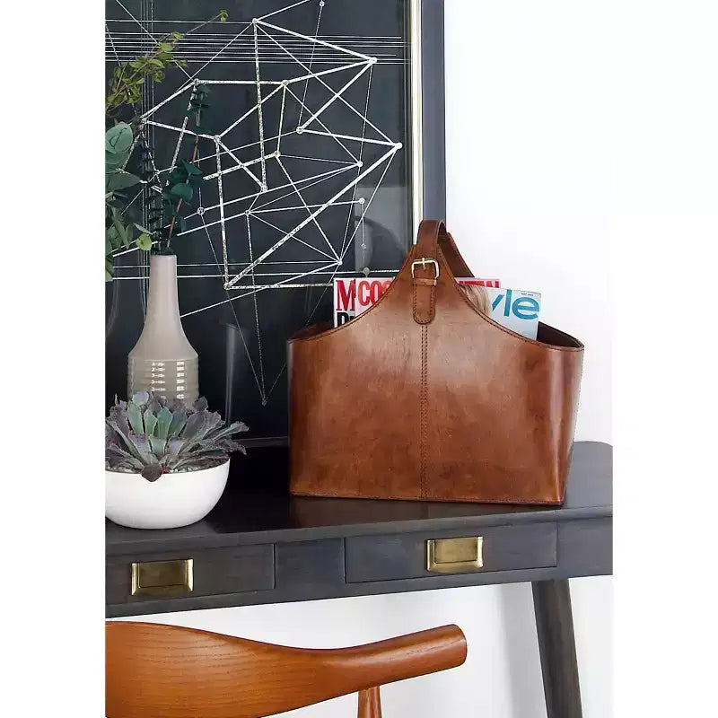 14"x16" Traditional Leather Magazine Holder with Belt Strap Handle