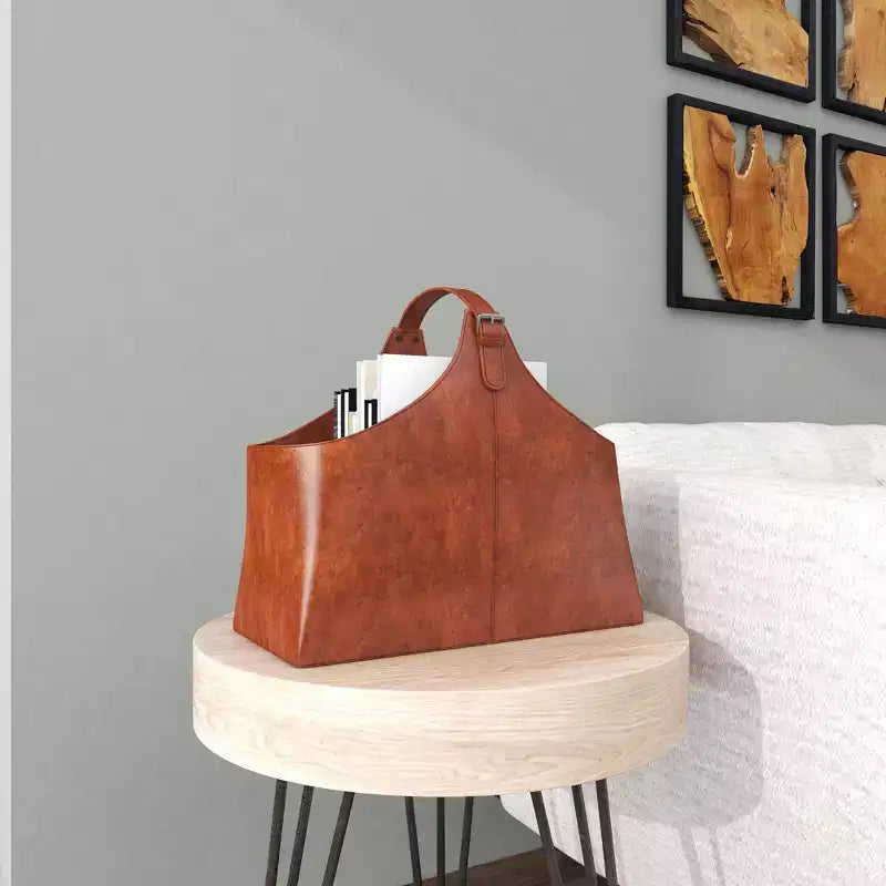 14"x16" Traditional Leather Magazine Holder with Belt Strap Handle