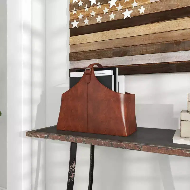 14"x16" Traditional Leather Magazine Holder with Belt Strap Handle