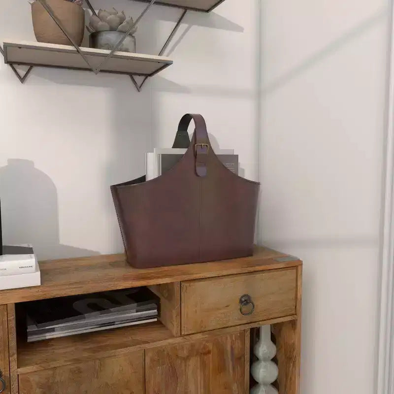 14"x16" Traditional Leather Magazine Holder with Belt Strap Handle
