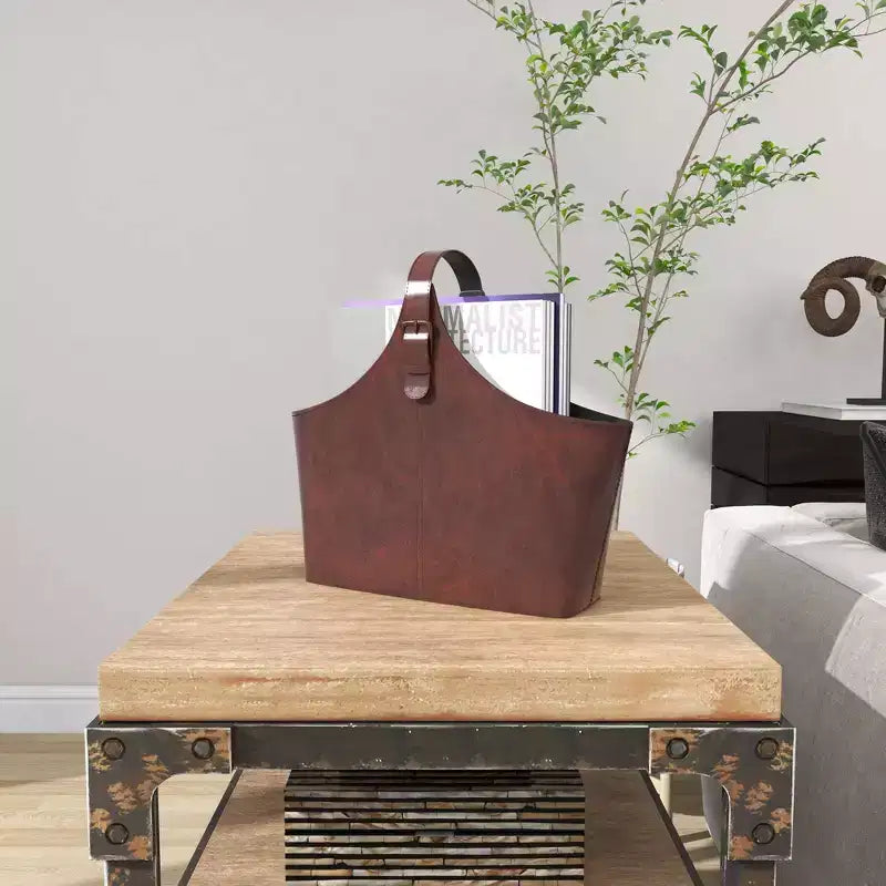 14"x16" Traditional Leather Magazine Holder with Belt Strap Handle
