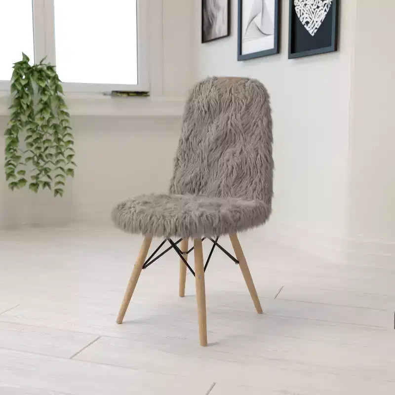 Contemporary Shaggy White Faux Fur Accent Chair – Beechwood Base, 264 lb Capacity