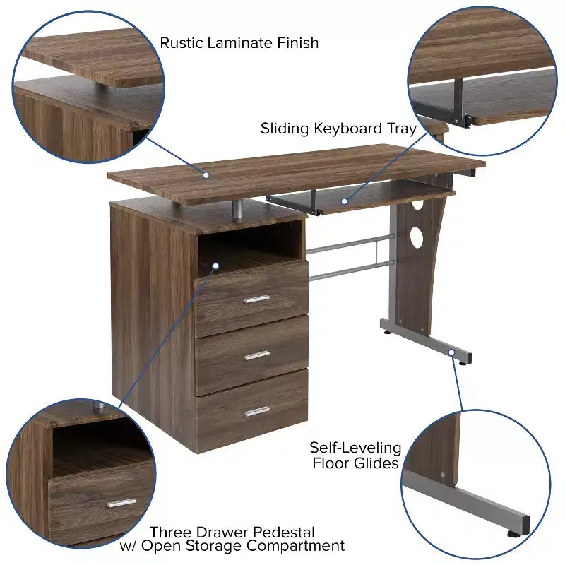 Executive Desk with 3-Drawer Pedestal & Pull-Out Keyboard Tray – Metal Frame