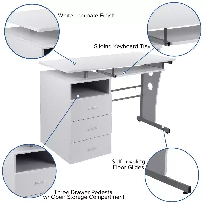 Executive Desk with 3-Drawer Pedestal & Pull-Out Keyboard Tray – Metal Frame