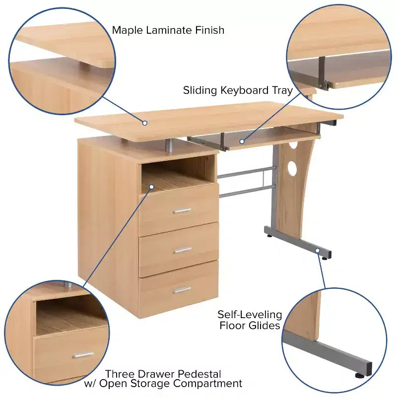 Executive Desk with 3-Drawer Pedestal & Pull-Out Keyboard Tray – Metal Frame