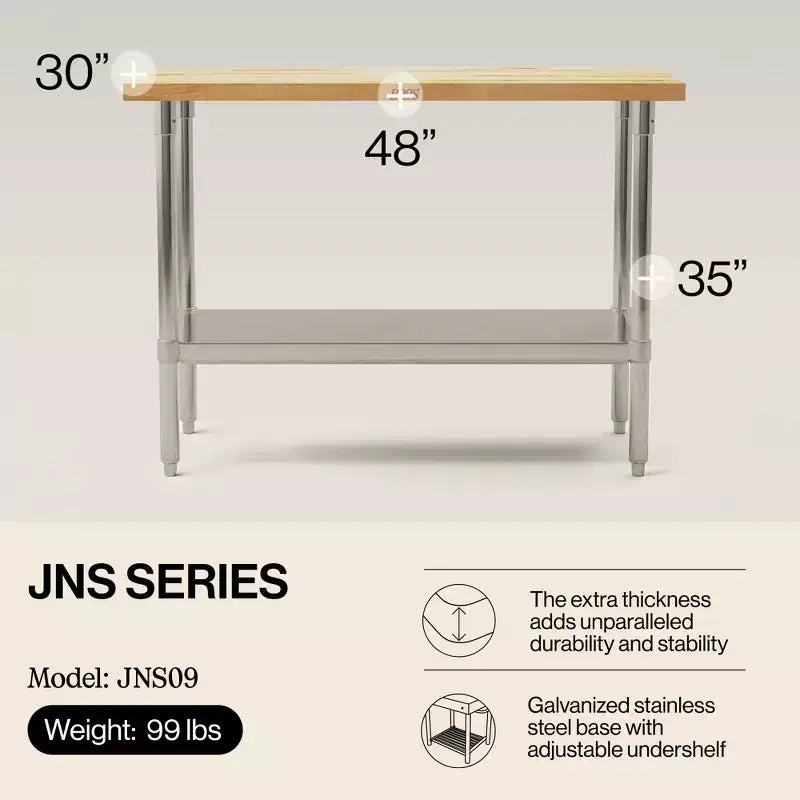 48"x30" Maple Wood Top Work Table with Adjustable Lower Shelf – NSF Approved