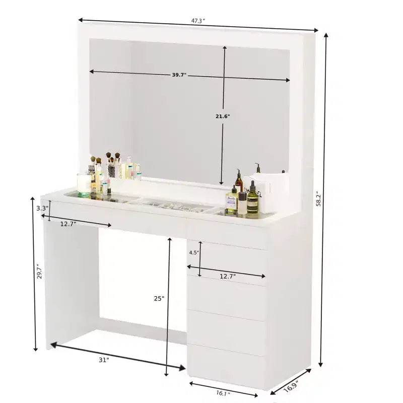 Coiffeuse de maquillage lumineuse avec 7 tiroirs, prises de courant et ports USB