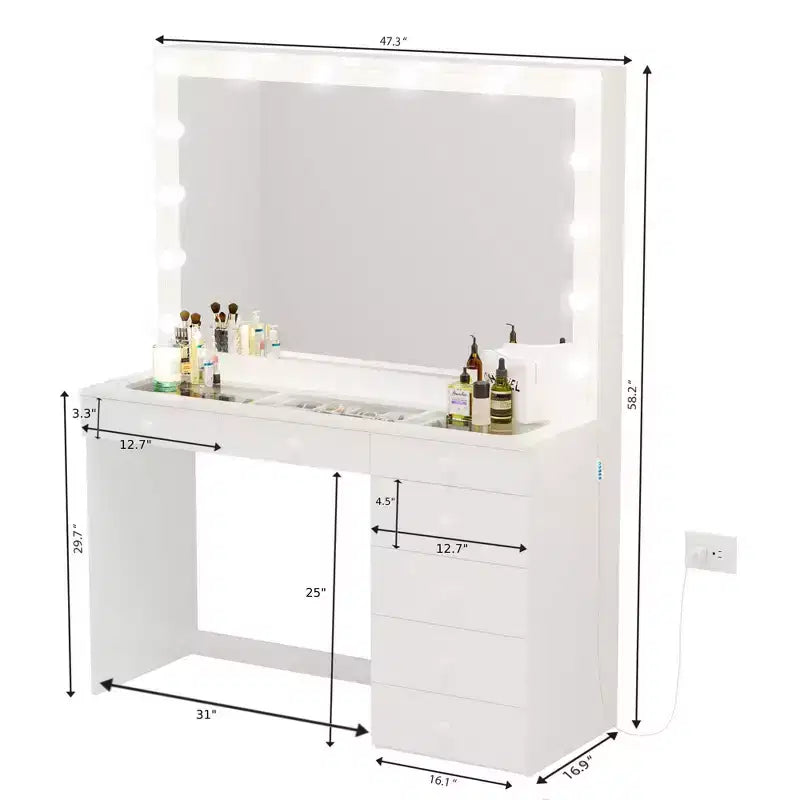 Coiffeuse de maquillage lumineuse avec 7 tiroirs, prises de courant et ports USB