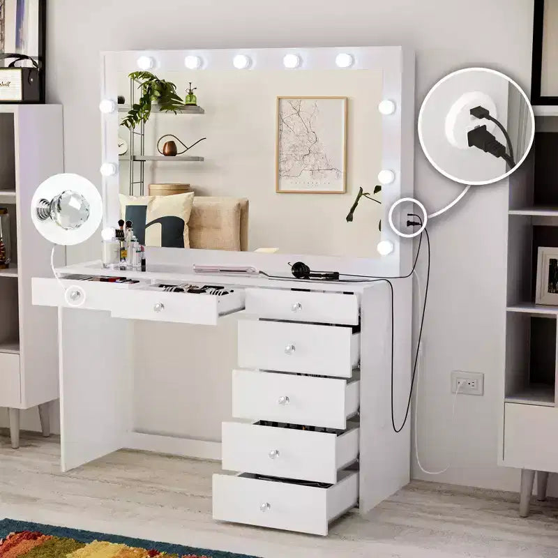 Coiffeuse de maquillage lumineuse avec 7 tiroirs, prises de courant et ports USB