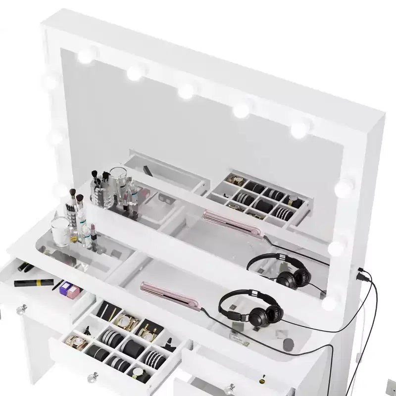 Coiffeuse de maquillage lumineuse avec 7 tiroirs, prises de courant et ports USB