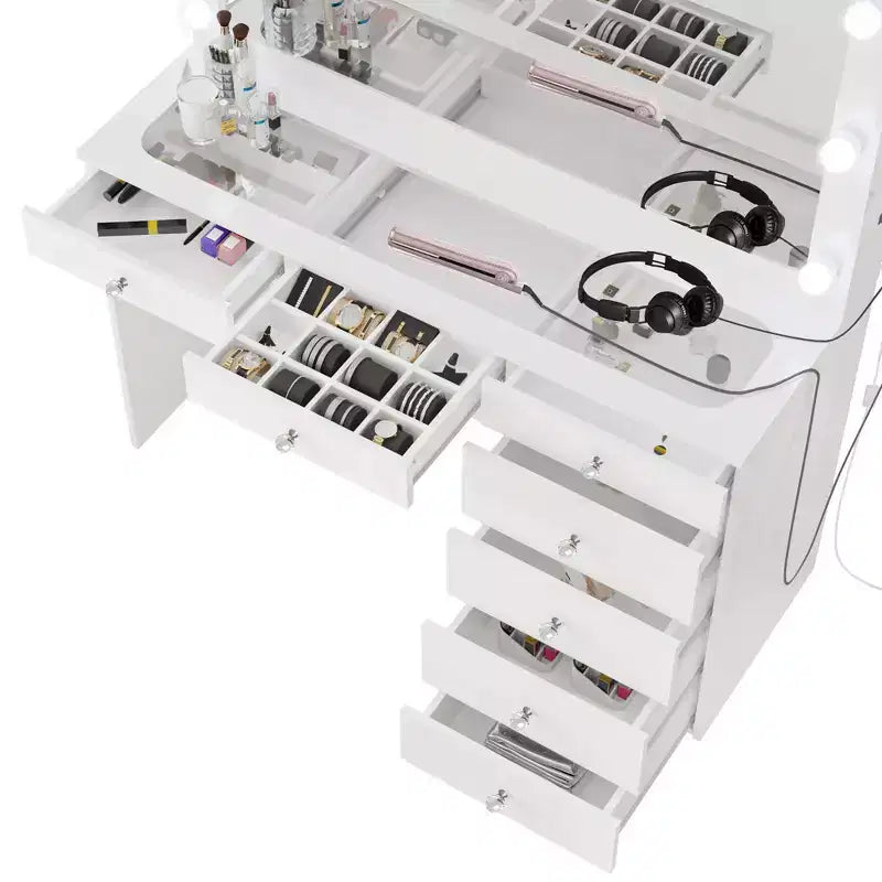 Coiffeuse de maquillage lumineuse avec 7 tiroirs, prises de courant et ports USB