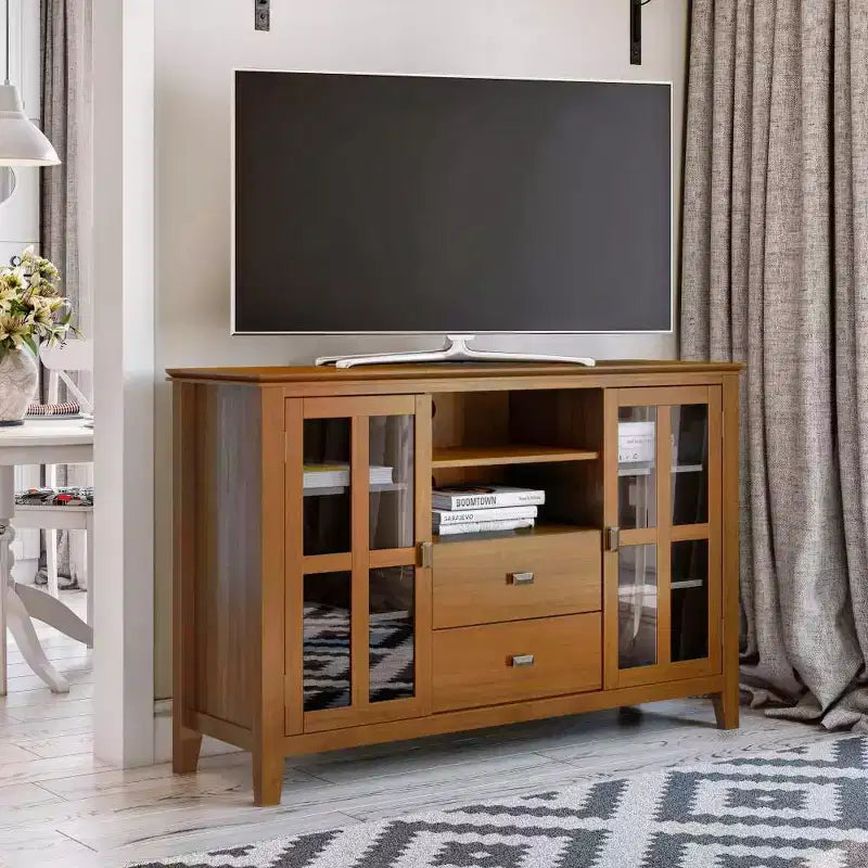 Meuble TV haut en bois massif pour téléviseurs jusqu'à 55 po