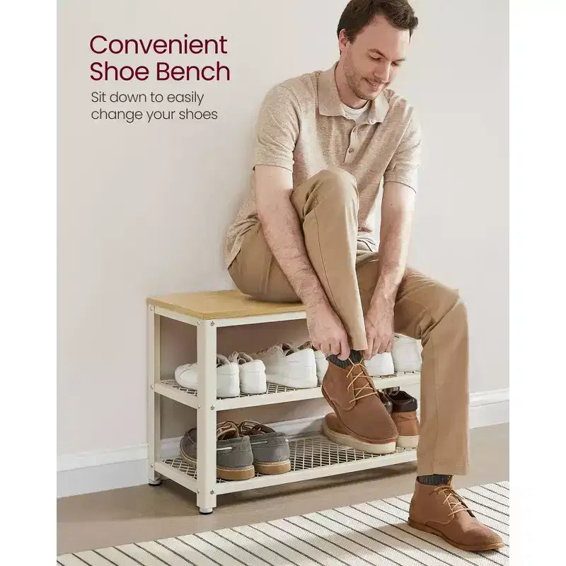 Banc à chaussures 3 niveaux avec étagères en treillis métallique et siège, 72,9 cm