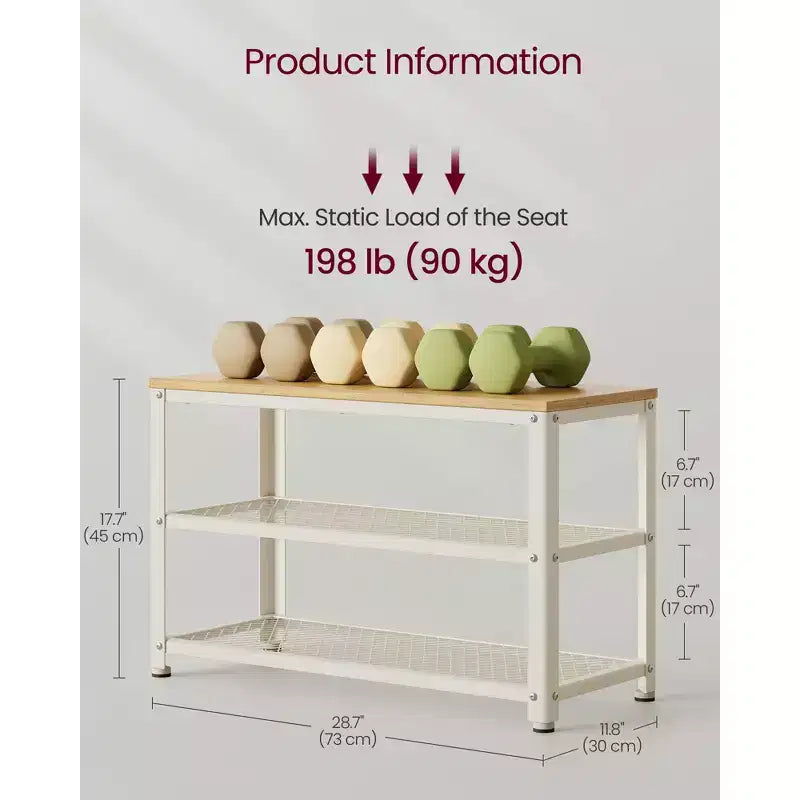Banc à chaussures 3 niveaux avec étagères en treillis métallique et siège, 72,9 cm