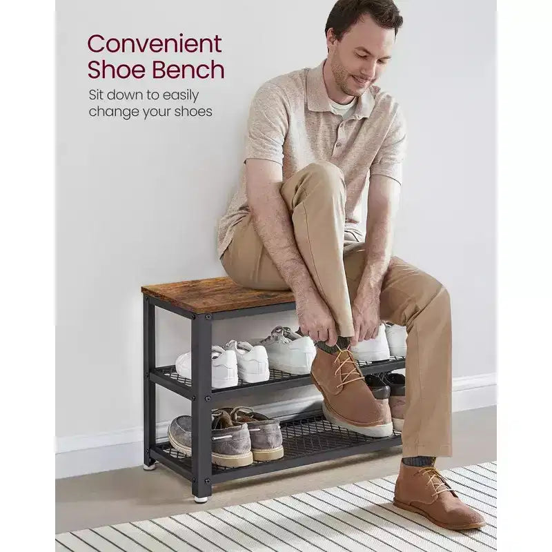 Banc à chaussures 3 niveaux avec étagères en treillis métallique et siège, 72,9 cm