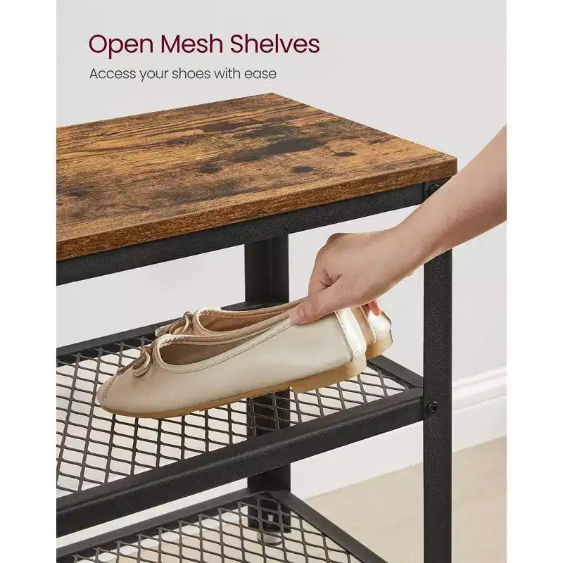 Banc à chaussures 3 niveaux avec étagères en treillis métallique et siège, 72,9 cm