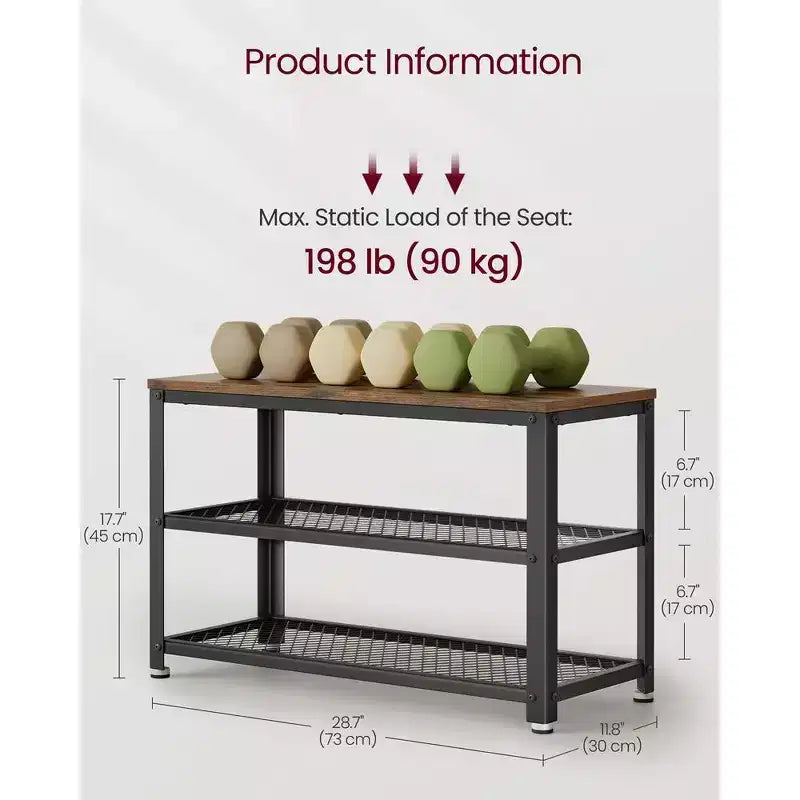 Banc à chaussures 3 niveaux avec étagères en treillis métallique et siège, 72,9 cm