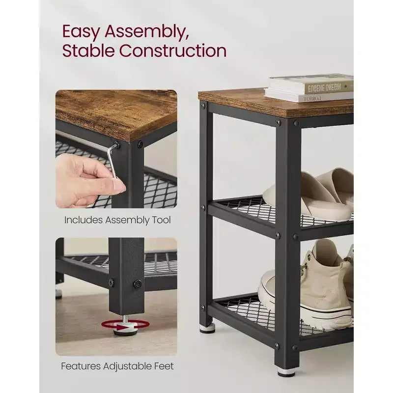 Banc à chaussures 3 niveaux avec étagères en treillis métallique et siège, 72,9 cm