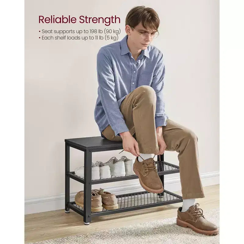 Banc à chaussures 3 niveaux avec étagères en treillis métallique et siège, 72,9 cm
