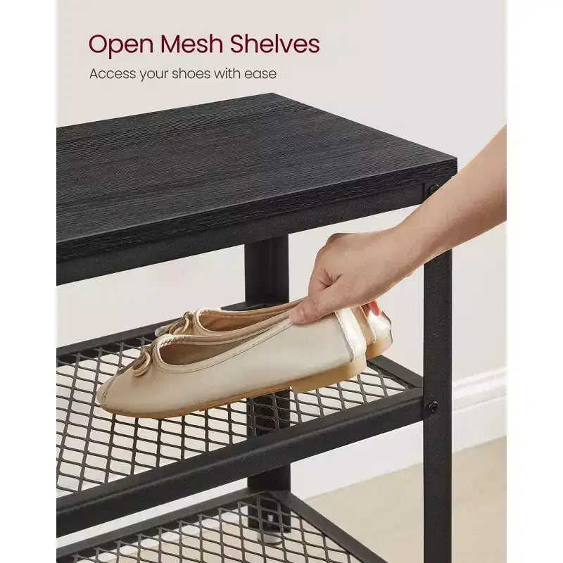 Banc à chaussures 3 niveaux avec étagères en treillis métallique et siège, 72,9 cm