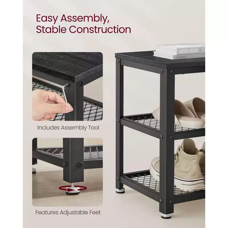 Banc à chaussures 3 niveaux avec étagères en treillis métallique et siège, 72,9 cm