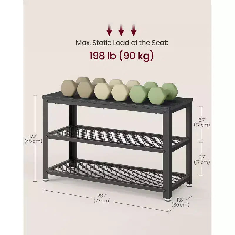 Banc à chaussures 3 niveaux avec étagères en treillis métallique et siège, 72,9 cm