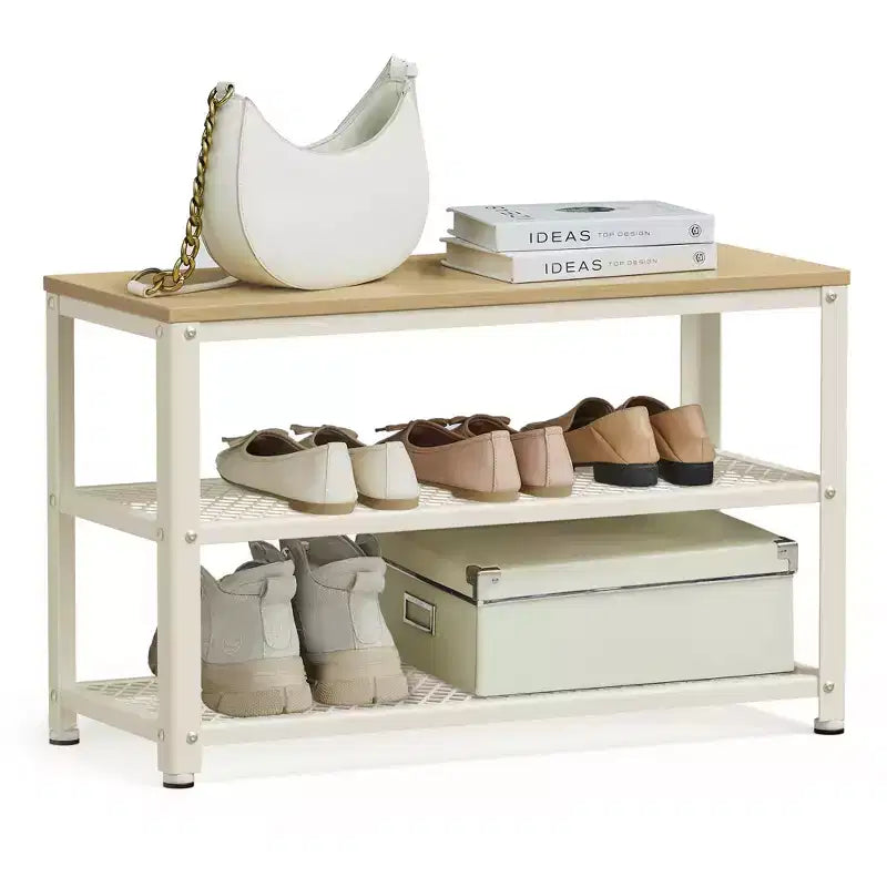 Banc à chaussures 3 niveaux avec étagères en treillis métallique et siège, 72,9 cm