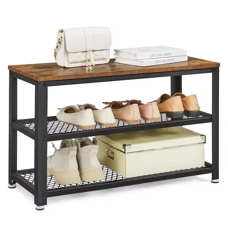 Banc à chaussures 3 niveaux avec étagères en treillis métallique et siège, 72,9 cm