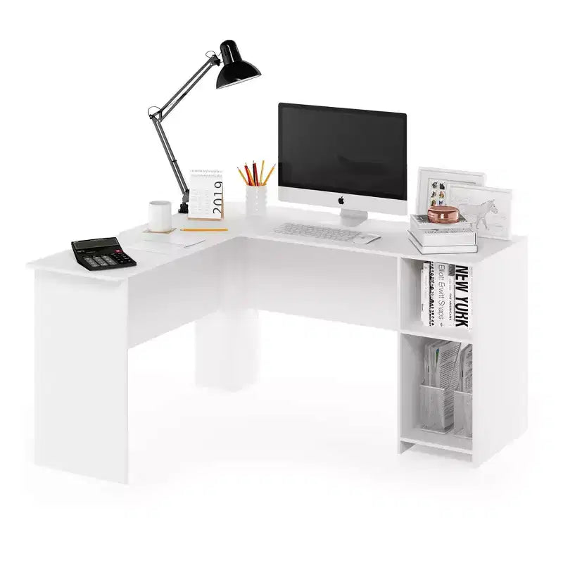 Bureau d'ordinateur en L avec étagères ouvertes, blanc